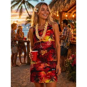 Aloha Hut Shift Dress Womens XL‎ Red Yellow Excellent Tropical Sunset Rayon